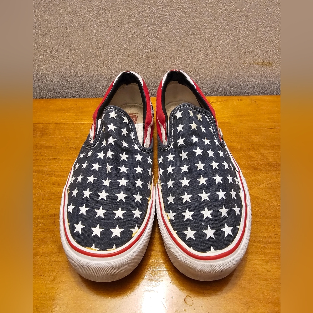 Vans Red, White, and Black Star Slip-On Loafers